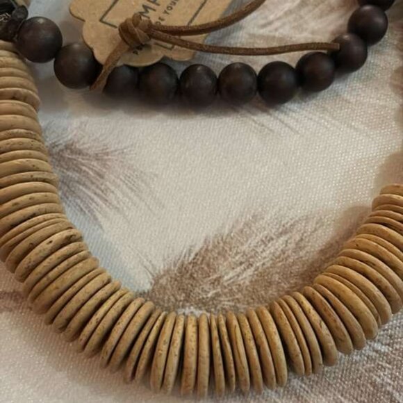 Earthy Disc & Round Wood Bead Necklace Choker 32'' - Picture 3 of 5
